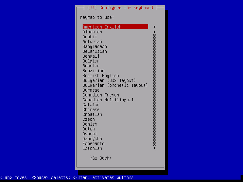 انتخاب صفحه کلید در هنگام نصب نسخه Debian سیستم تلفنی 3CX